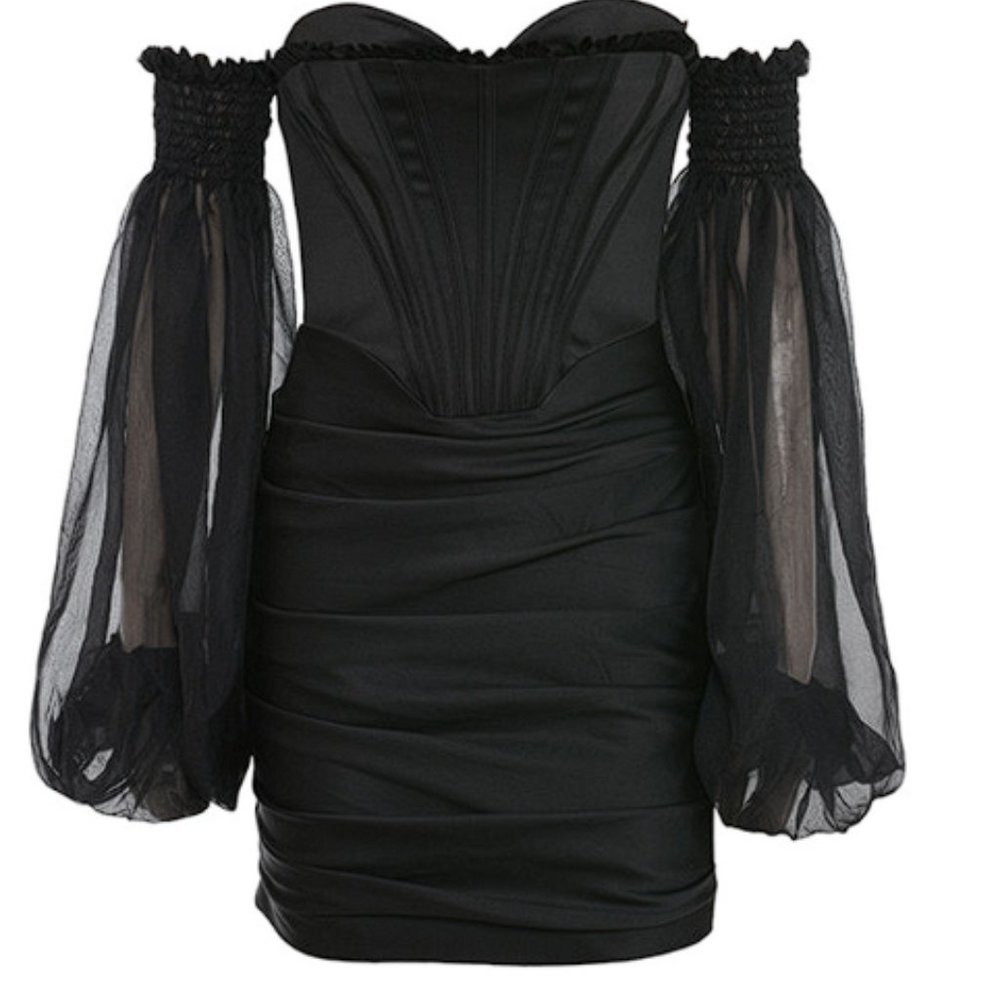 House of CB ‘Beau’ Black Satin and Chiffon Corset Dress NWOT - Picture 11 of 14